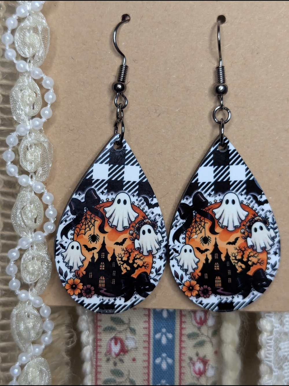 Halloween Ghost Teardrop Earrings - Buffalo Plaid